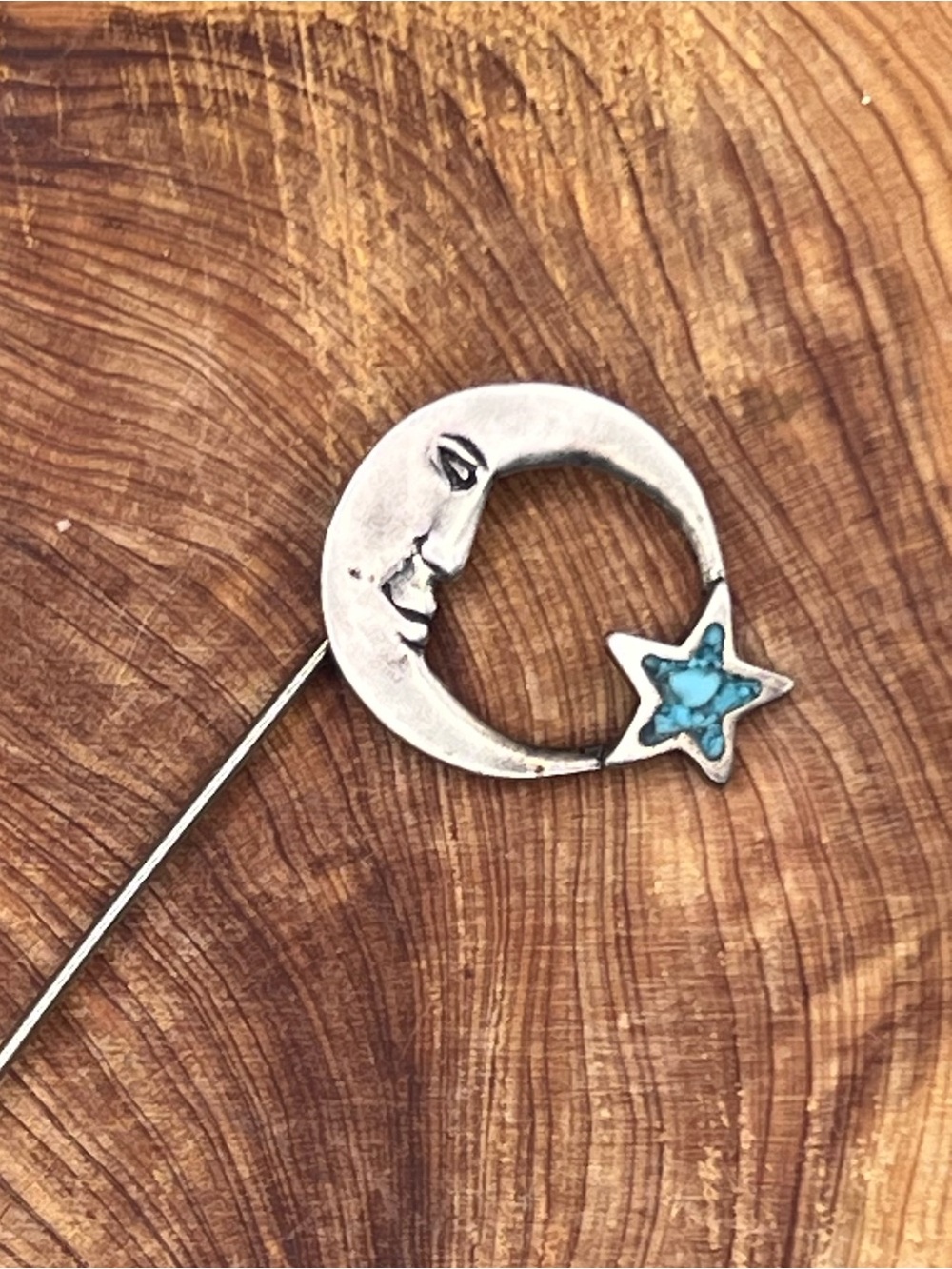 Sterling Silver & Crushed Turquoise Moon and Star Stick Pin